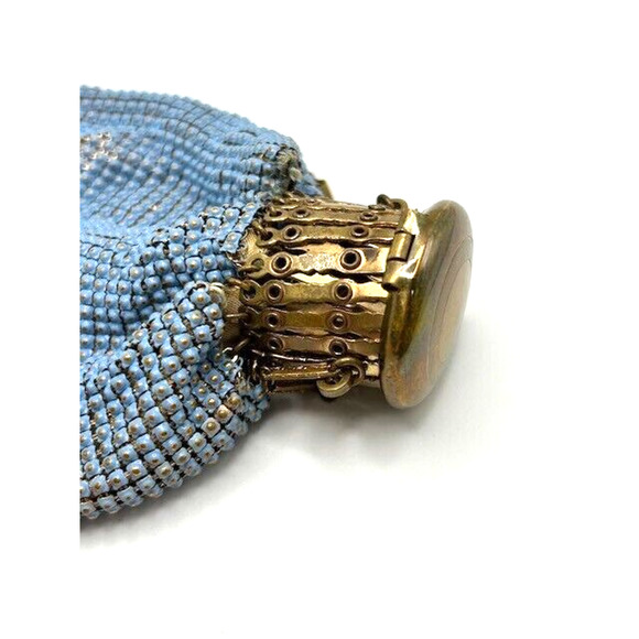 Vtg Antique Evening Purse Expandable Top Gold Mesh Beaded Beggars Bag Blue - Picture 5 of 14